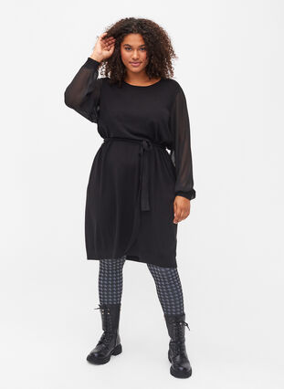 Zizzi Knitted dress with sheer sleeves, Black, Model image number 2