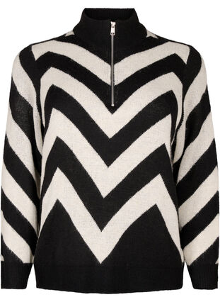 Zizzi Dzianinowy sweter z golfem i suwakiem, Black Birch Stripe, Packshot image number 0