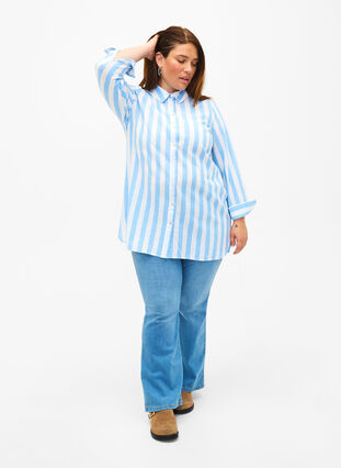 Zizzi Koszula o przedluzonym kroju wykonana z lnu i bawelny, Blue White Stripe, Model image number 2