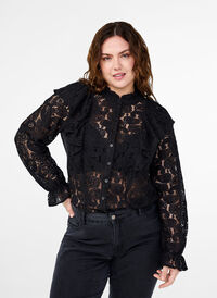 Koronkowa bluzka koszulowa z falbanami, Black, Model