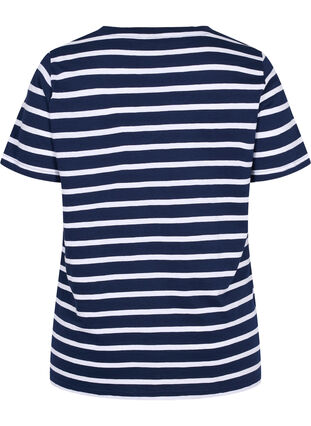 Zizzi Striped cotton t-shirt with v-neckline, Navy B White Stripe, Packshot image number 1