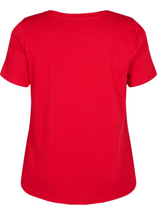 Zizzi Cotton t-shirt with text print and v-neck, Tango Red ORI, Packshot image number 1