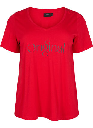 Zizzi Cotton t-shirt with text print and v-neck, Tango Red ORI, Packshot image number 0