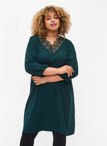 Zizzi Dress with lace and 3/4 length sleeves, Scarab, Model image number 0