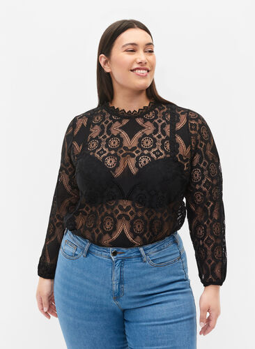 Zizzi Lace top with round neckline, Black, Model image number 0