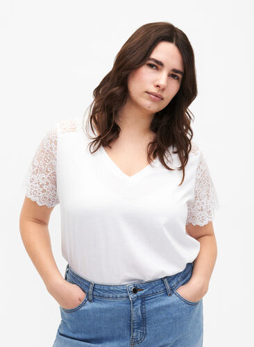 Zizzi Bawelniany t-shirt z krótkimi, koronkowymi rekawami, Bright White, Model image number 0