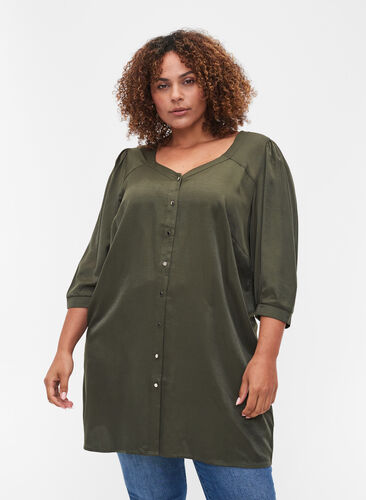 Zizzi 3/4-sleeved tunic with buttons, Deep Depths, Model image number 0