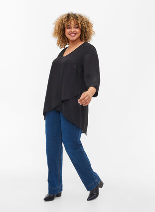 Zizzi Top with 3/4 sleeves and v-neckline, Black, Model image number 2