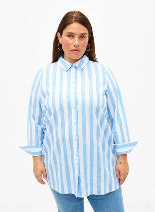 Zizzi Koszula o przedluzonym kroju wykonana z lnu i bawelny, Blue White Stripe, Model image number 0