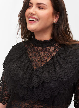 Zizzi Lace top with ruffles and 2/4 sleeves, Black, Model image number 2