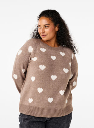 Zizzi Dzianinowy sweter w serca, Walnut Mel. Comb, Model image number 0