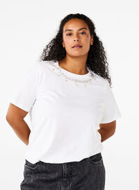 T-shirt z okraglym dekoltem i dzetami, Bright White, Model