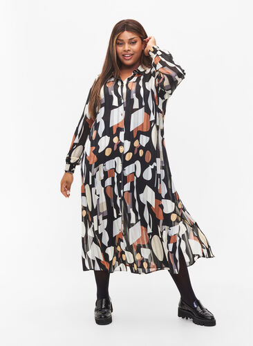 Zizzi Printed shirt dress with smock, Graphic AOP, Model image number 0