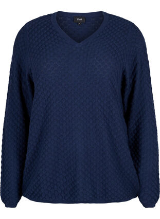 Zizzi Patterned knitted top with v-neckline, Navy Blazer, Packshot image number 0