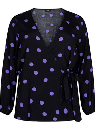 Zizzi Kopertowa bluzka z wiskozy w kropki, Black w. Purple Dot, Packshot image number 0