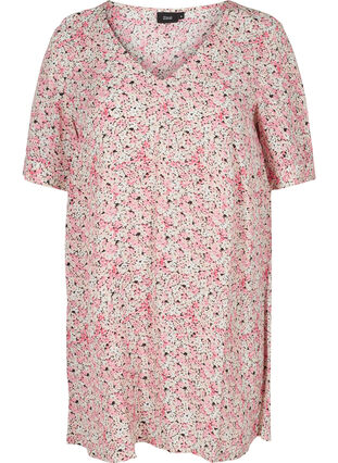 Zizzi Viscose tunic with print and short sleeves, Pink Ditsy AOP, Packshot image number 0