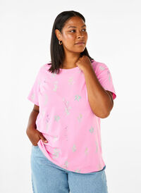 T-shirt z organicznej bawelny z nadrukiem w kwiaty, Rosebloom W. Flower, Model