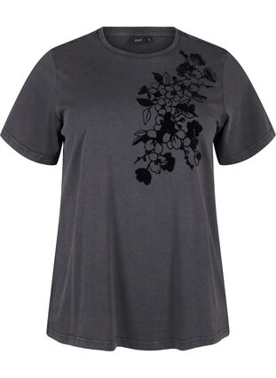 Zizzi T-shirt z nadrukiem uszyty z bawelny organicznej, D.Grey Wash W. Flok, Packshot image number 0