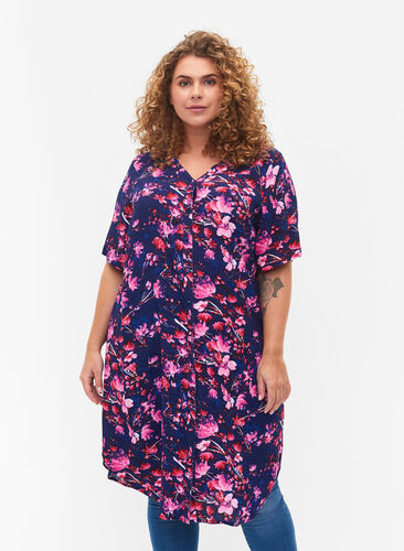 Zizzi Viscose midi dress with floral print, B. Blue Pink Flower, Model image number 0