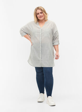 Zizzi Striped tunic with v neck and buttons, Balsam Green Stripe, Model image number 2