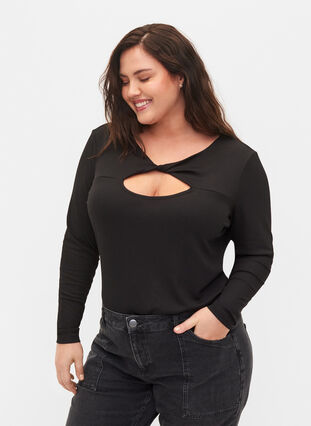 Zizzi Top with cut out detail and long sleeves, Black, Model image number 0