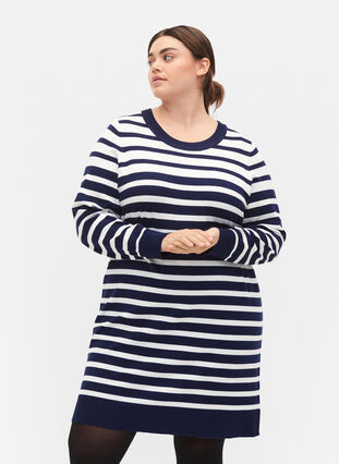 Zizzi Knitted dress with long sleeves, Peacoat W. Stripes, Model image number 0