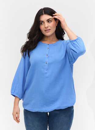 Zizzi Cotton blouse with buttons and 3/4 sleeves, Ultramarine, Model image number 0