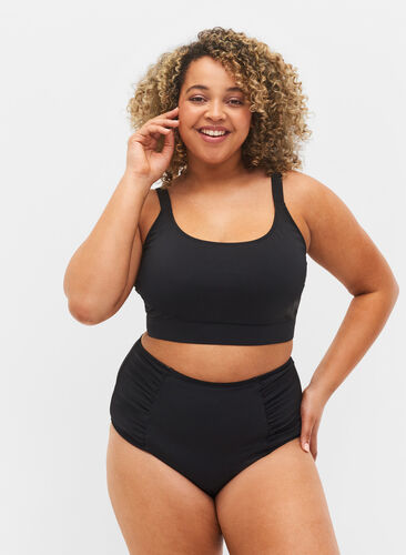 Zizzi High-waisted bikini bottom with ruching, Black, Model image number 0