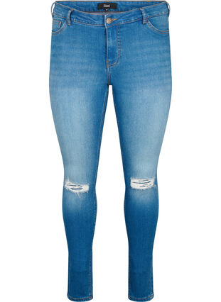 Zizzi Bardzo waskie jeansy Sanna z przetarciami, Blue denim, Packshot image number 0