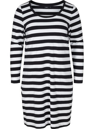 Zizzi Striped cotton dress with long sleeves , Black w. White, Packshot image number 0