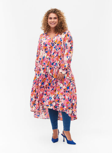 Zizzi Long-sleeved viscose midi dress with print, Rosebloom GraphicAOP, Model image number 0