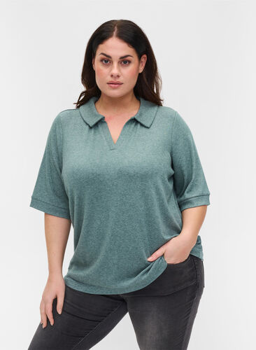 Zizzi Marled blouse with collar and 2/4 sleeves, Green Melange, Model image number 0