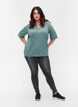 Zizzi Marled blouse with collar and 2/4 sleeves, Green Melange, Model image number 2