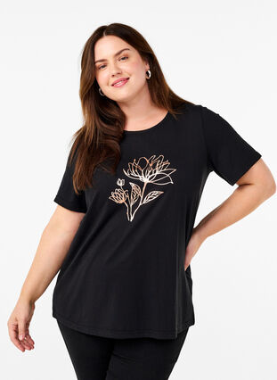 Zizzi FLASH – koszulka z motywem, Black R. Gold Flower, Model image number 0