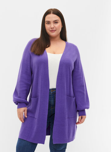 Zizzi Long knitted cardigan with balloon sleeves, Purple Opulence, Model image number 0