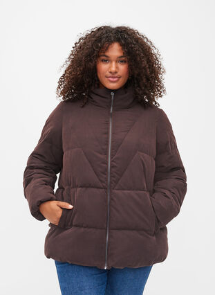 Zizzi Short winter jacket with zip and high collar, Black Coffee, Model image number 0