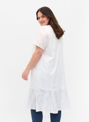 Zizzi Short-sleeved cotton dress with broderie anglaise, Bright White, Model image number 1