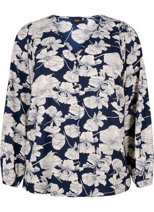 Bluzka koszulowa z dekoltem w serek i nadrukiem, Navy B. Flower AOP, Packshot image number 0