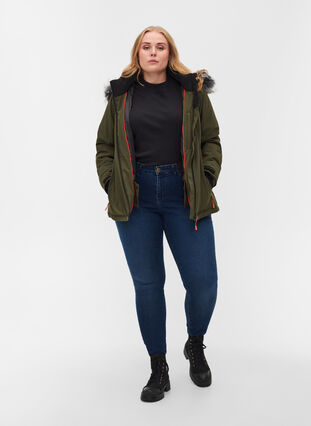 Zizzi Waterproof ski jacket with removable hood and faux-fur trim, Forest Night, Model image number 2