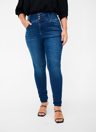 Zizzi Super slim Bea jeans with extra high waist, Blue denim, Model image number 2