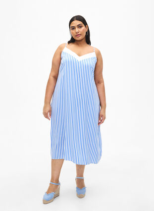 Zizzi Flash – sukienka w paski z wiskozy, L. Blue White Stripe, Model image number 0