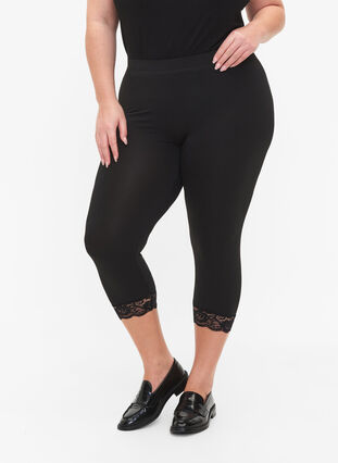 Zizzi 2-pair legginsy 3/4 z koronkowym wykonczeniem, Black / Black, Model image number 2