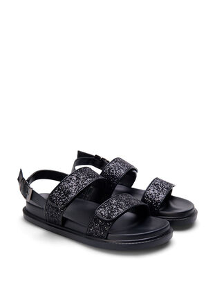 Zizzi Szerokie brokatowe sandaly z zapieciem na rzep, Black Glitter, Packshot image number 1