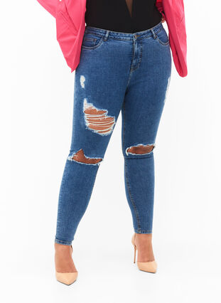 Zizzi Obcisle jeansy z rozdarciami, Blue denim, Model image number 2