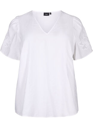 Bluzka z wiskozy z krótkim rekawem i haftem, Bright White, Packshot image number 0
