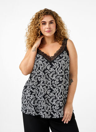 Zizzi Koronkowy top z wiskozy, Black w. Wh.Leaf AOP, Model image number 0