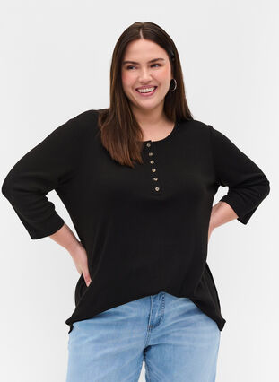 Zizzi Plain blouse with buttons and 3/4 sleeves, Black, Model image number 0