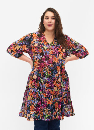 Zizzi Flash – tunika z nadrukiem i rekawem 3/4, Orange Pink Flower , Model image number 0