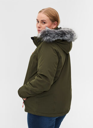 Zizzi Waterproof ski jacket with removable hood and faux-fur trim, Forest Night, Model image number 1