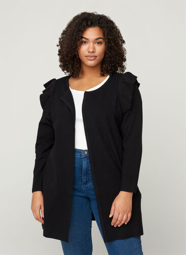 Zizzi Knitted cardigan with ruffles and pockets, Black, Model image number 0